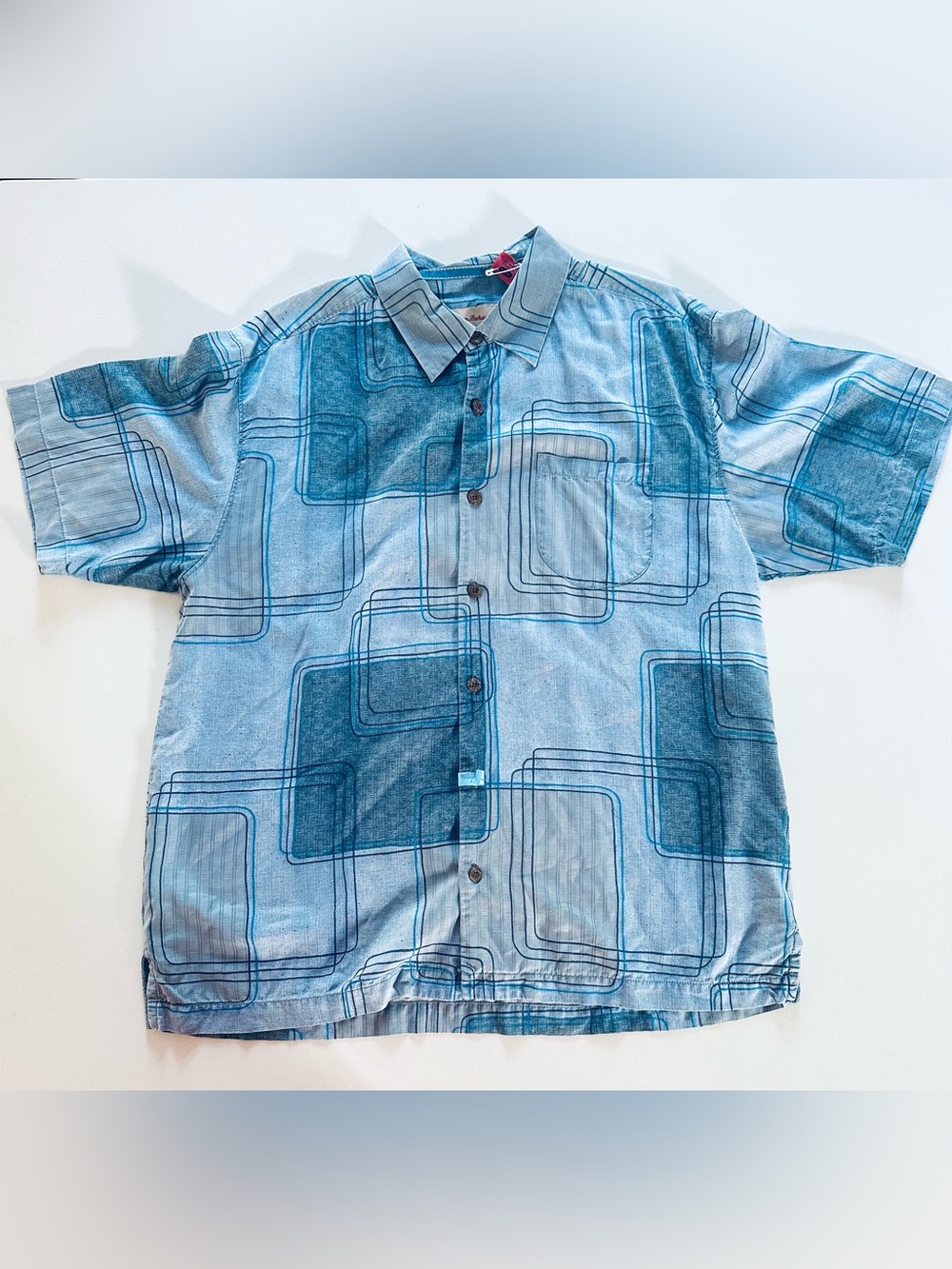 Tommy Bahama Blue Navy Geometric Print Hawaiian Silk Short Sleeve Shirt - Large